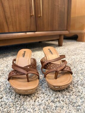 Brown Leatherette Wedge Sandals - Comfort Slide by